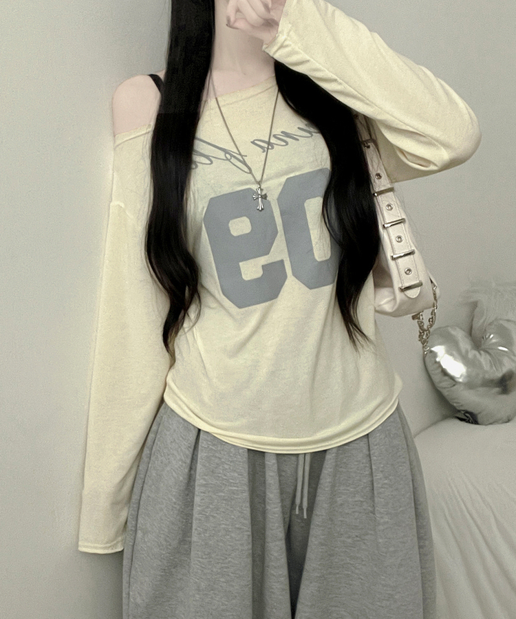 レタリングボートネックワンショルダーTシャツ YELLOW