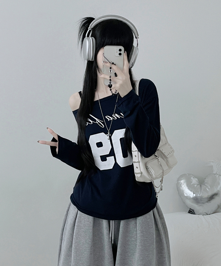 レタリングボートネックワンショルダーTシャツ NAVY