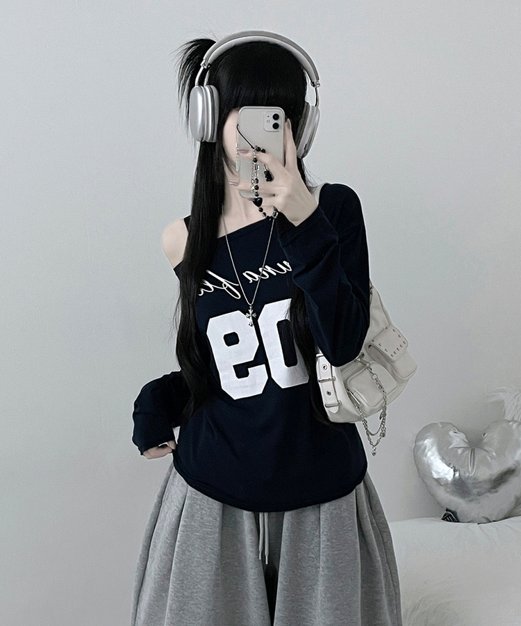 レタリングボートネックワンショルダーTシャツ NAVY