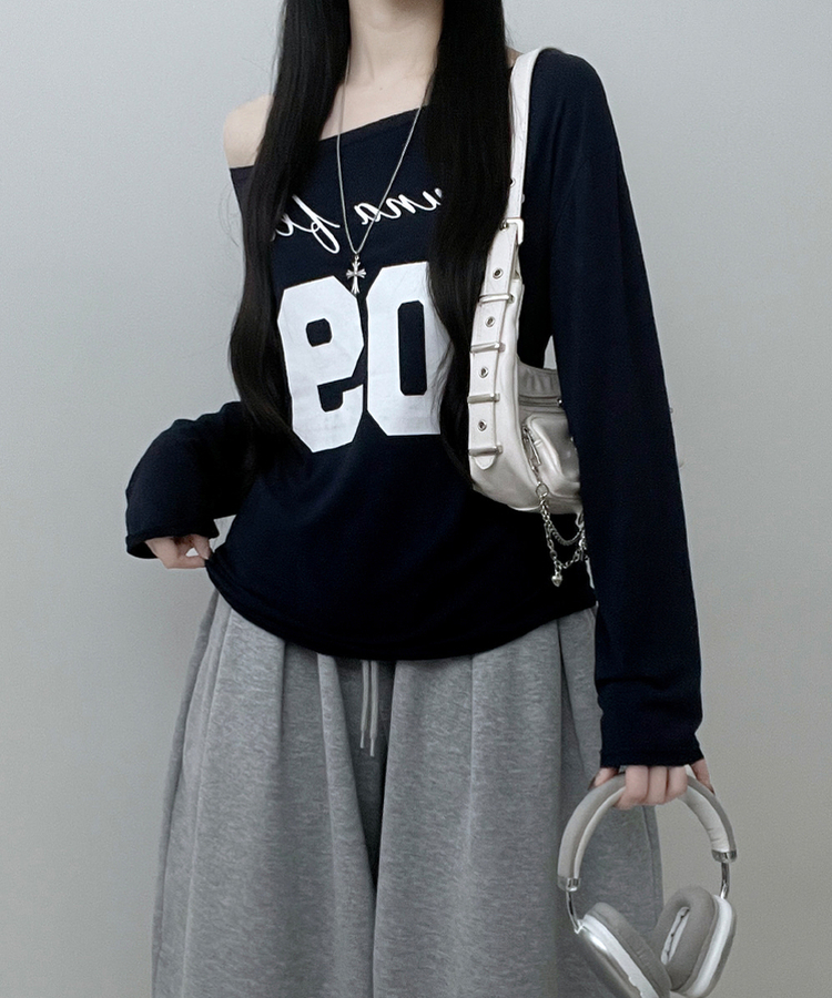 レタリングボートネックワンショルダーTシャツ NAVY