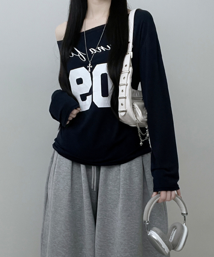 レタリングボートネックワンショルダーTシャツ NAVY