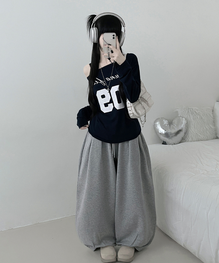 レタリングボートネックワンショルダーTシャツ NAVY