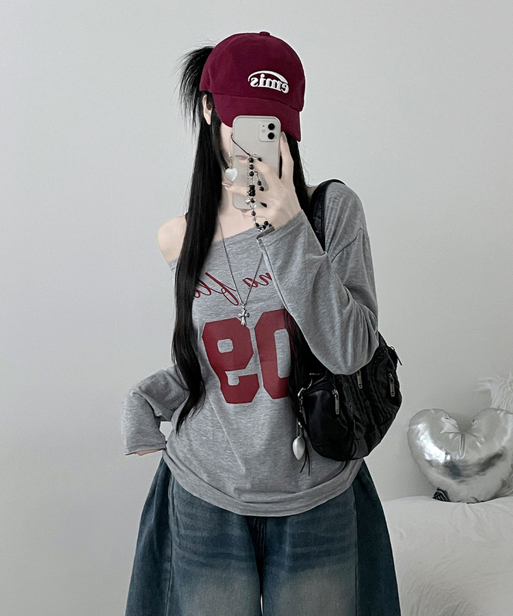 レタリングボートネックワンショルダーTシャツ MELANGE