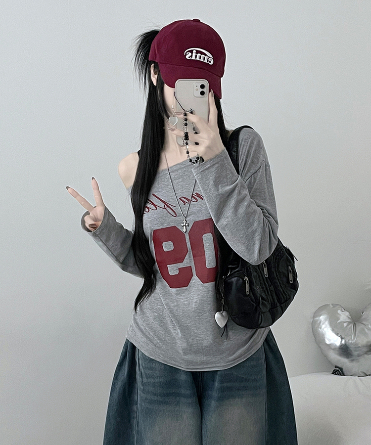 レタリングボートネックワンショルダーTシャツ MELANGE
