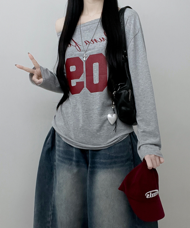 レタリングボートネックワンショルダーTシャツ MELANGE