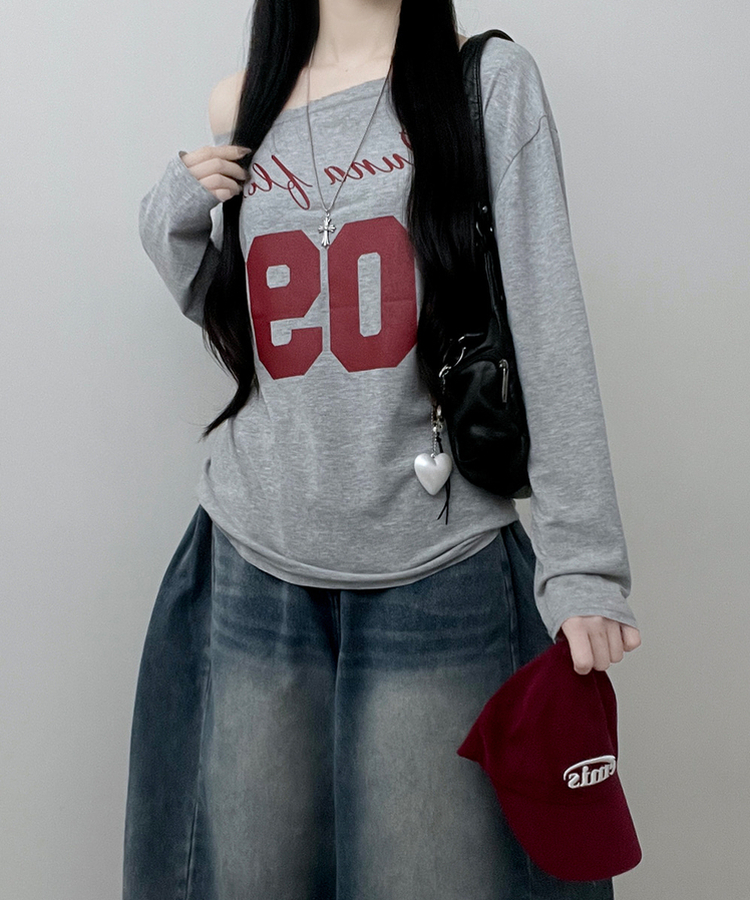 レタリングボートネックワンショルダーTシャツ MELANGE