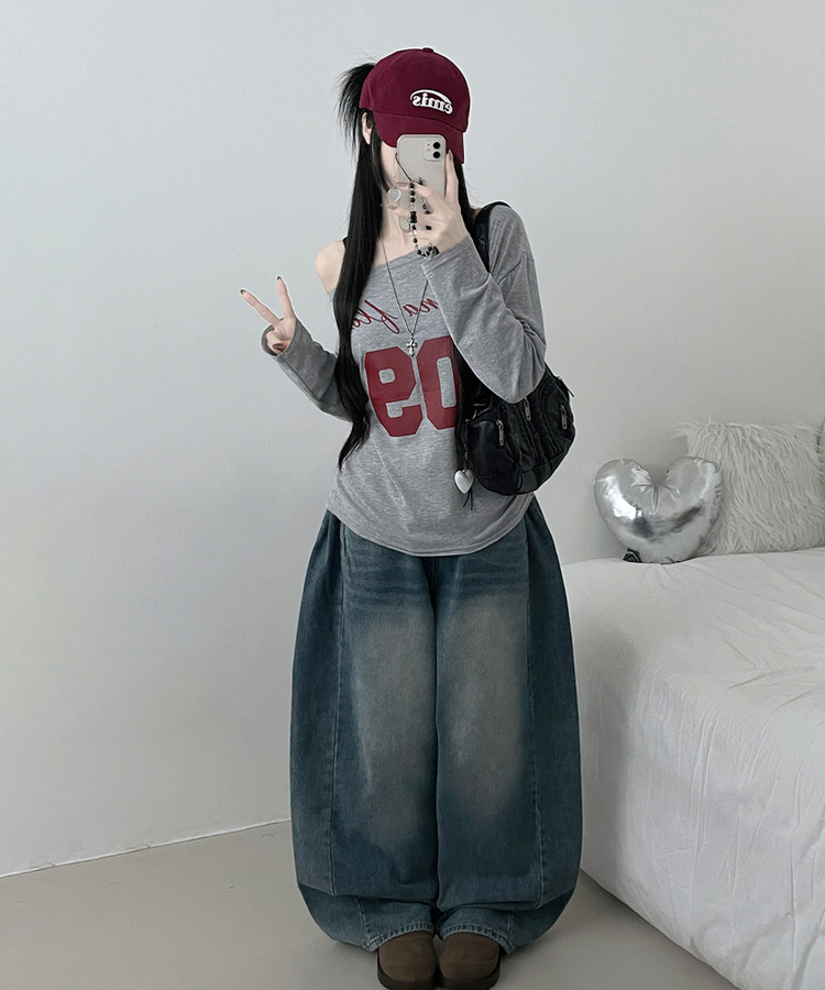 レタリングボートネックワンショルダーTシャツ MELANGE