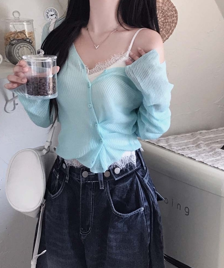 リブダブルボタンVネックカーディガン MINT