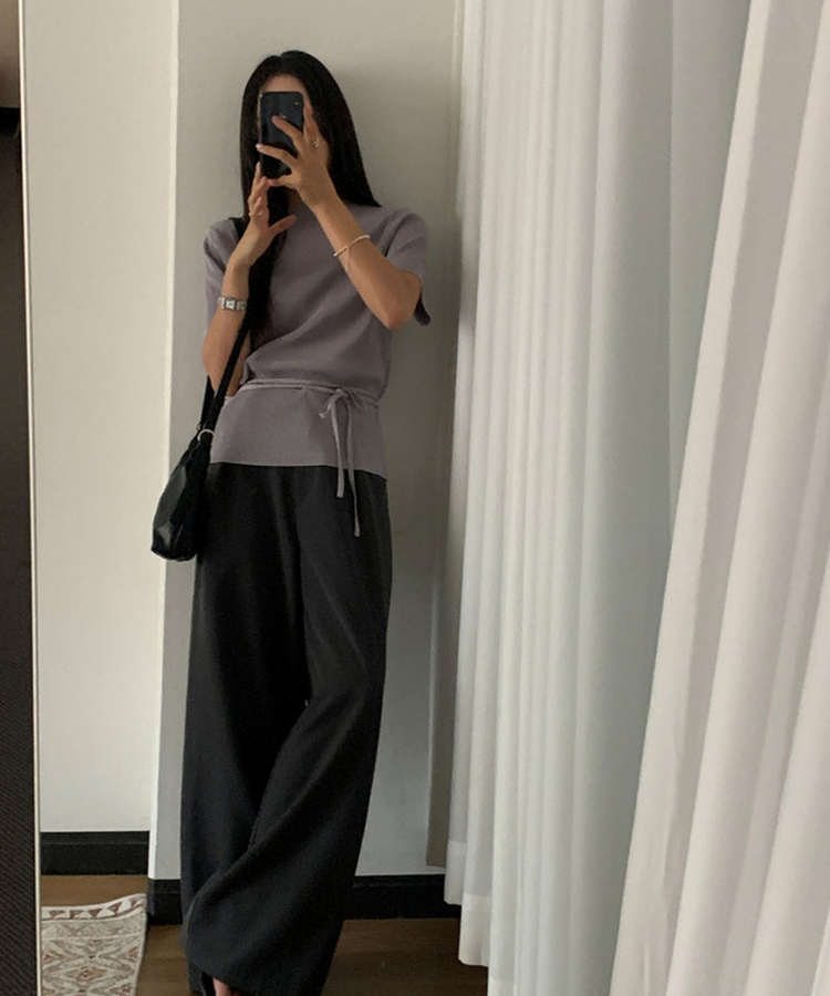 【タイ付き】ハイネックプリーツ半袖ブラウス GREY
