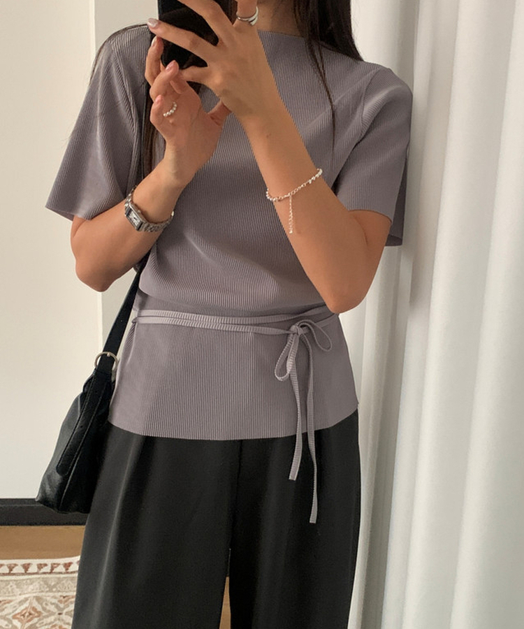 【タイ付き】ハイネックプリーツ半袖ブラウス GREY