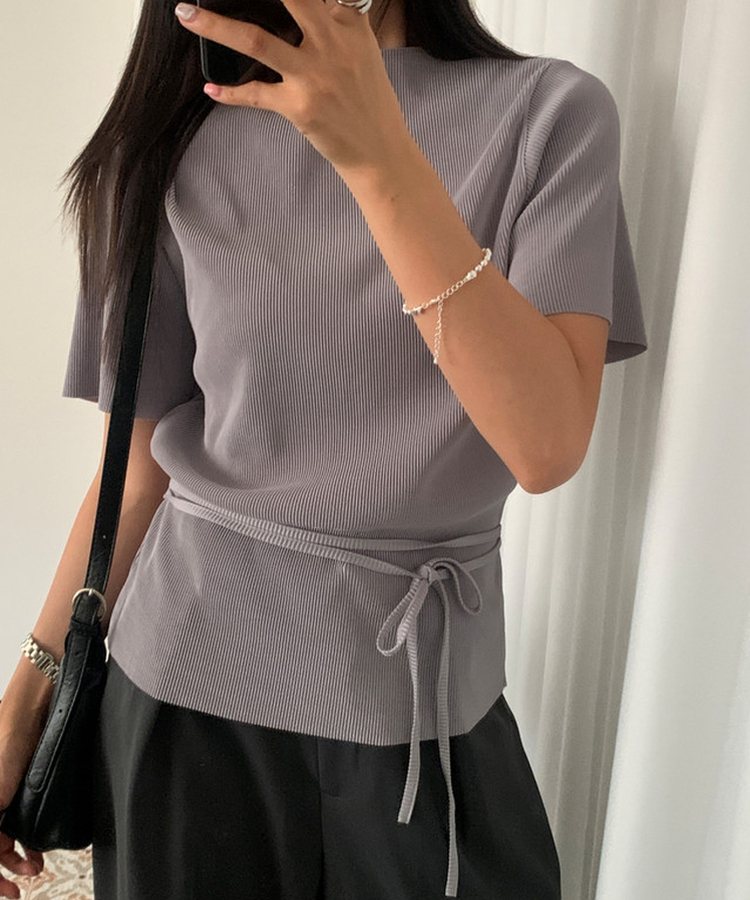 【タイ付き】ハイネックプリーツ半袖ブラウス GREY