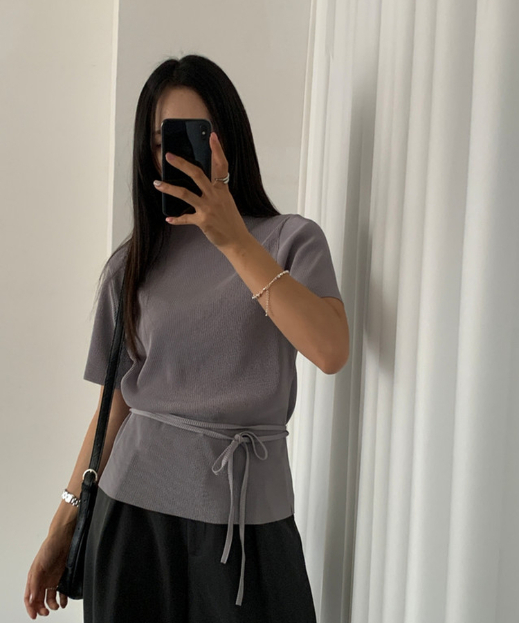 【タイ付き】ハイネックプリーツ半袖ブラウス GREY