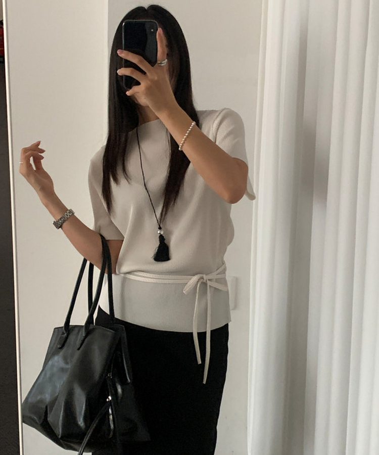 【タイ付き】ハイネックプリーツ半袖ブラウス IVORY