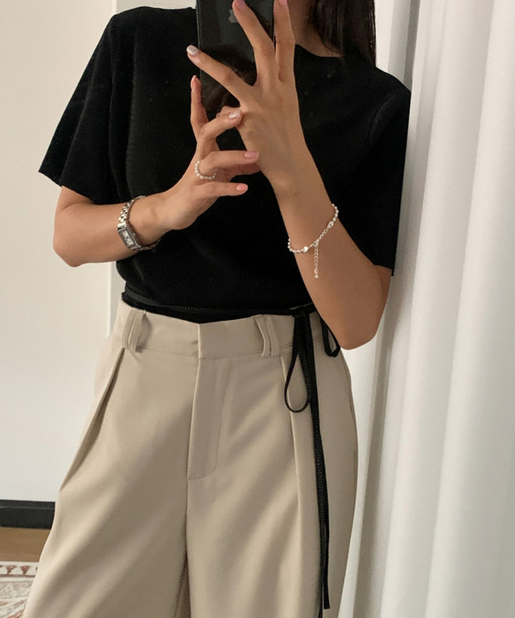 【タイ付き】ハイネックプリーツ半袖ブラウス BLACK