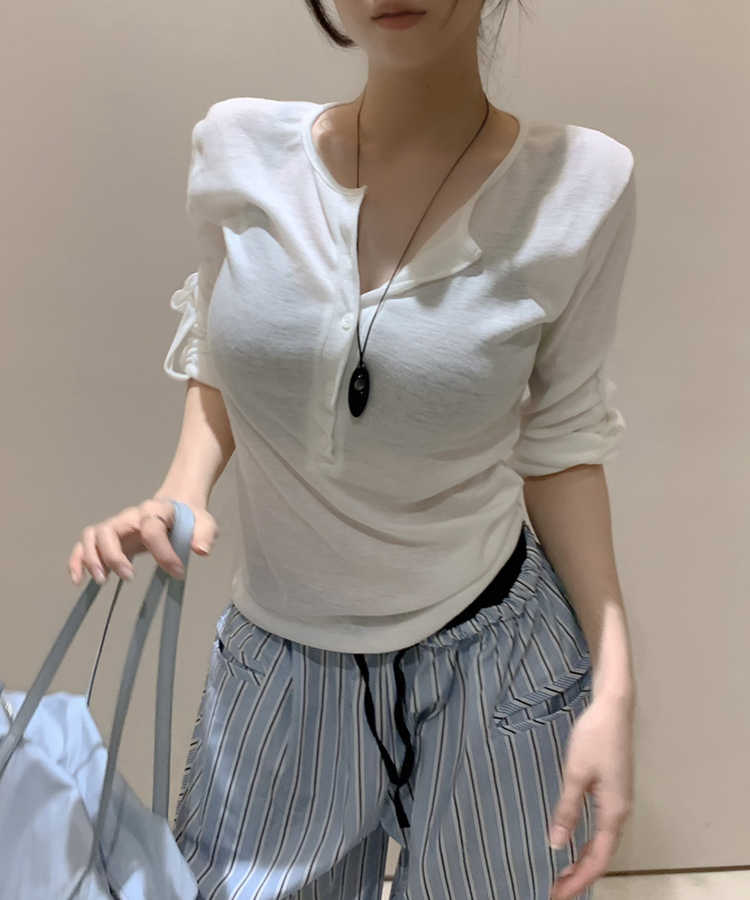 ロールアップヘンリーネック長袖Tシャツ IVORY