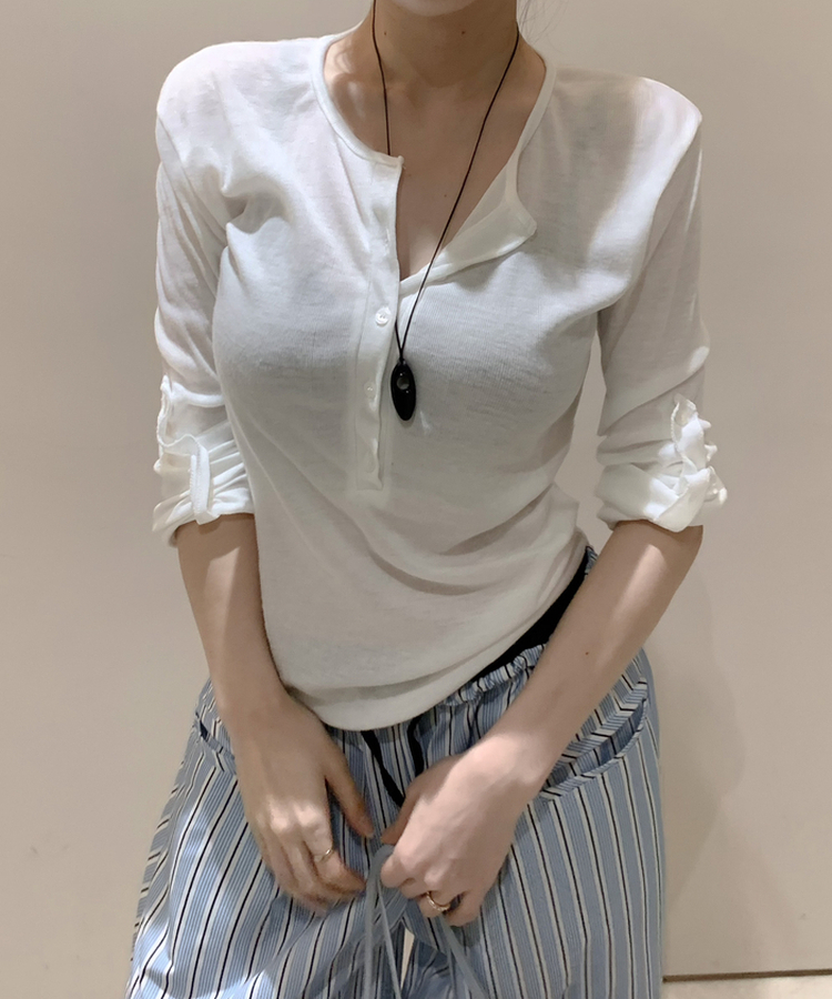 ロールアップヘンリーネック長袖Tシャツ IVORY