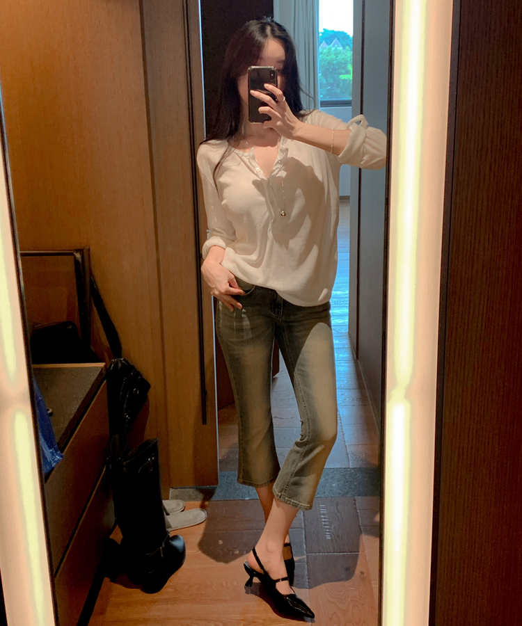 ロールアップヘンリーネック長袖Tシャツ IVORY