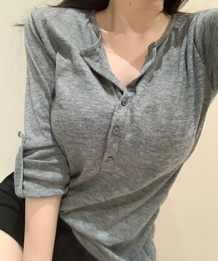 ロールアップヘンリーネック長袖Tシャツ GREY