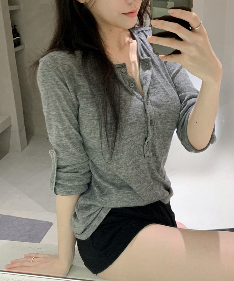 ロールアップヘンリーネック長袖Tシャツ GREY