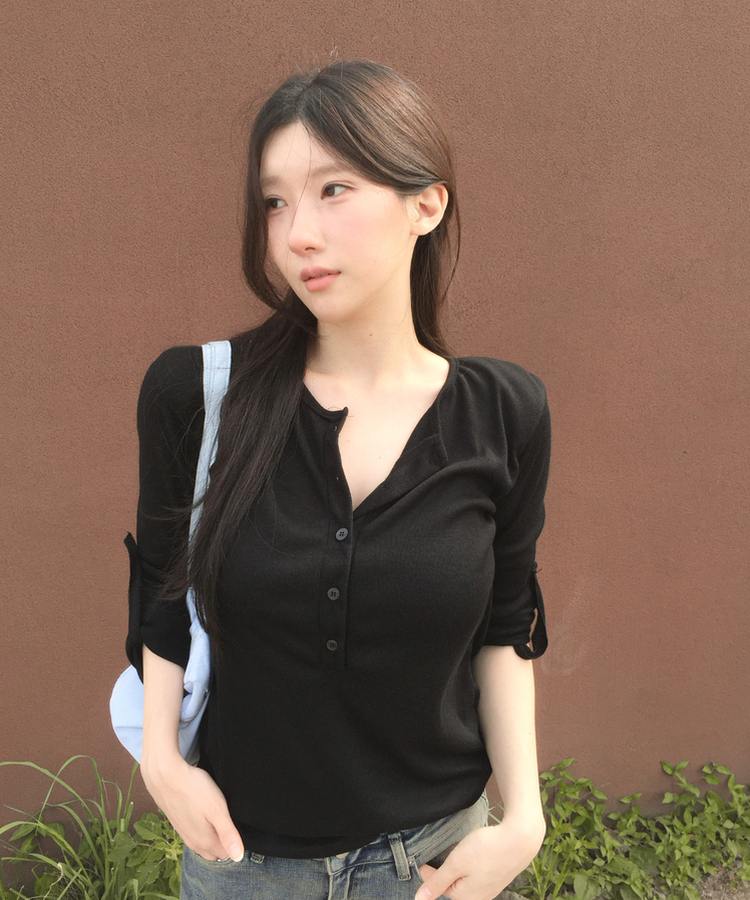 ロールアップヘンリーネック長袖Tシャツ BLACK