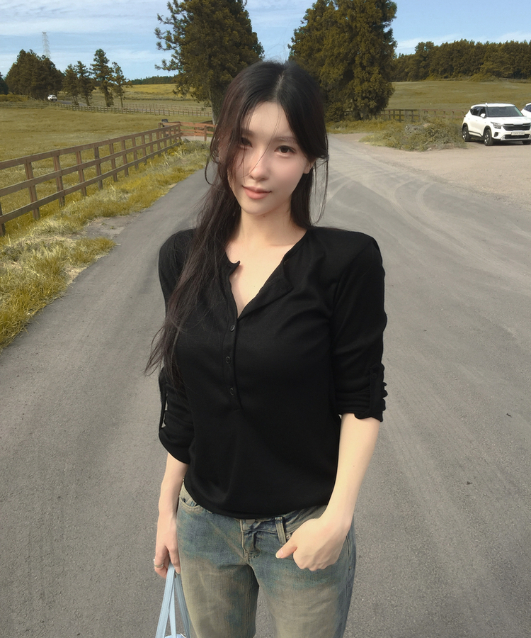 ロールアップヘンリーネック長袖Tシャツ BLACK