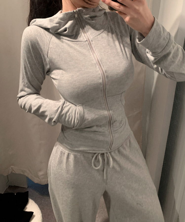 ハイネックスリムフィット長袖フードジップアップ GREY