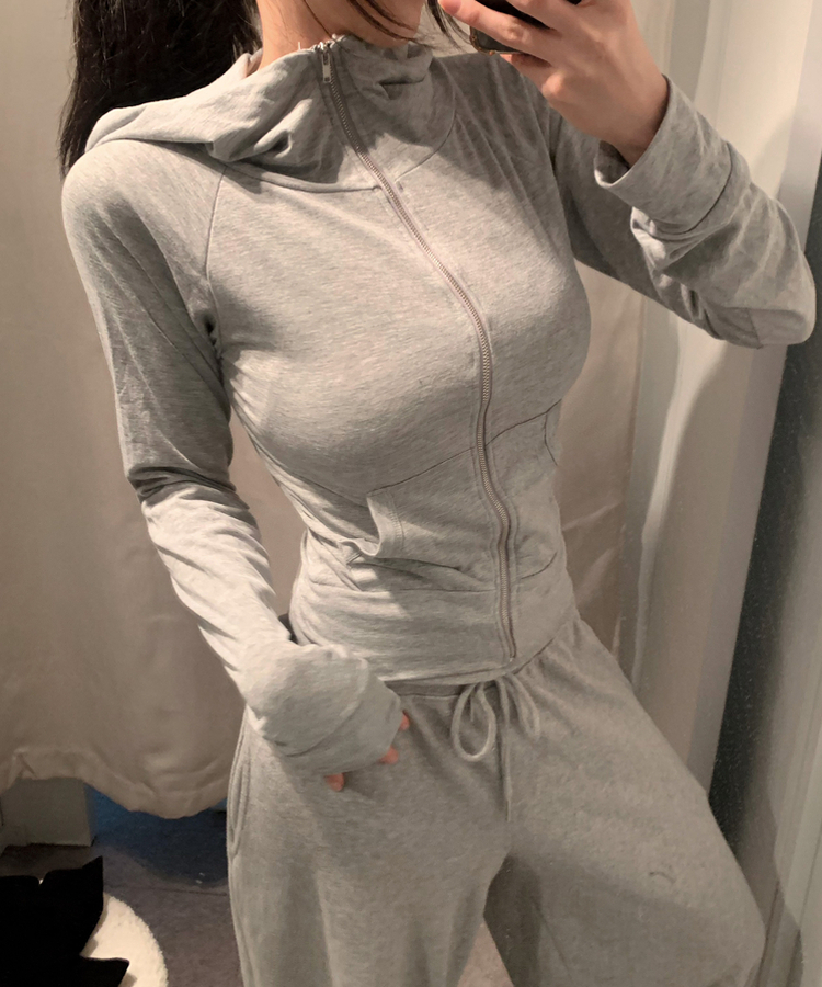 ハイネックスリムフィット長袖フードジップアップ GREY