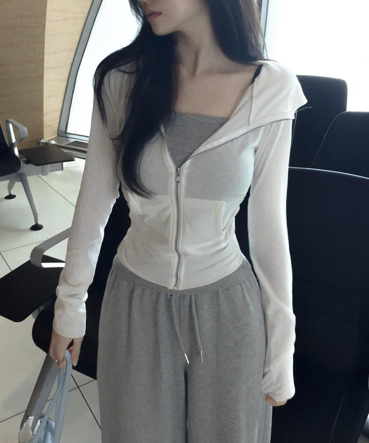 ハイネックスリムフィット長袖フードジップアップ IVORY