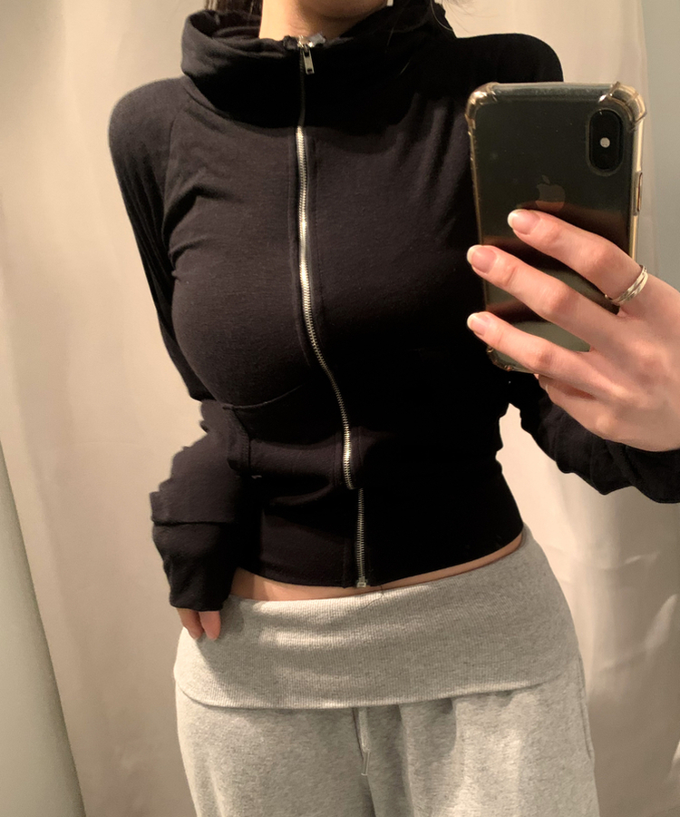 ハイネックスリムフィット長袖フードジップアップ BLACK