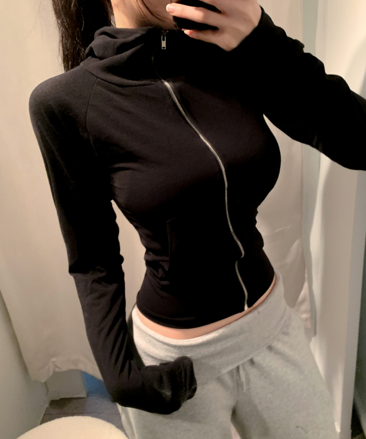 ハイネックスリムフィット長袖フードジップアップ BLACK