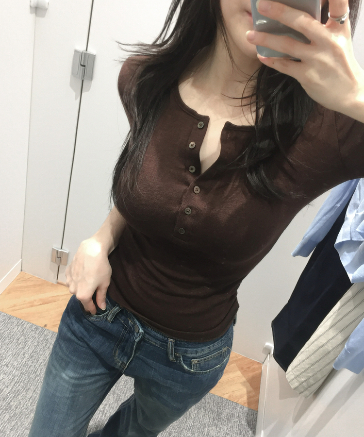 ボタンヘンリーネック七分袖Tシャツ(8color) BROWN