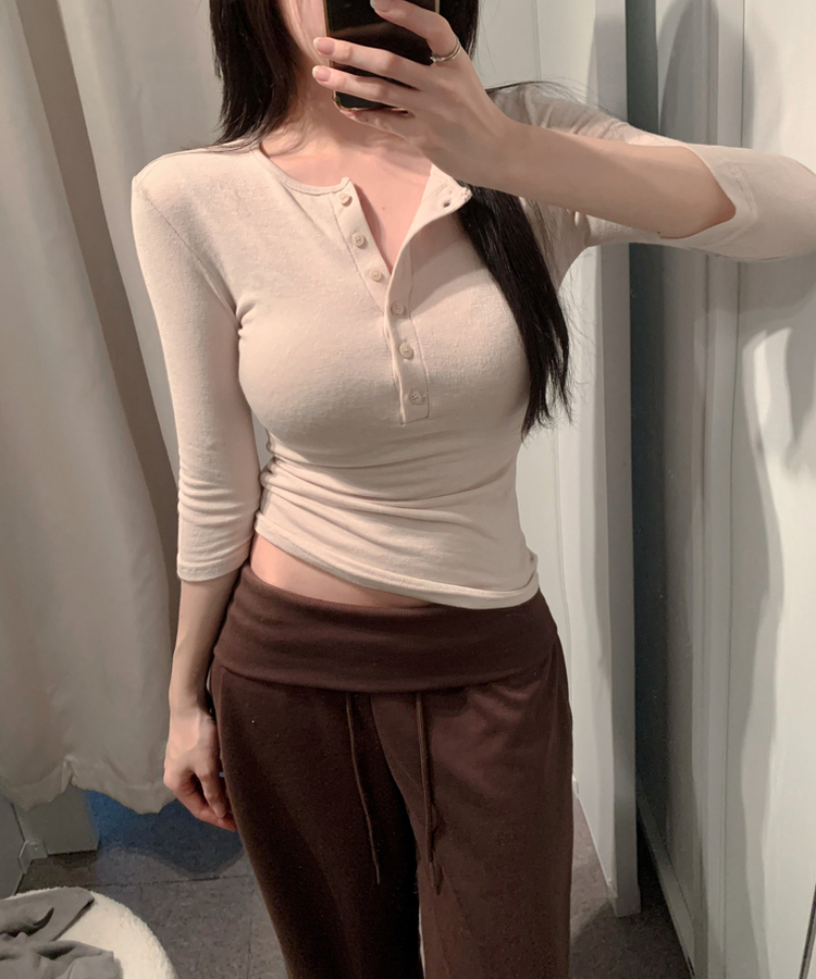 ボタンヘンリーネック七分袖Tシャツ(8color) BEIGE