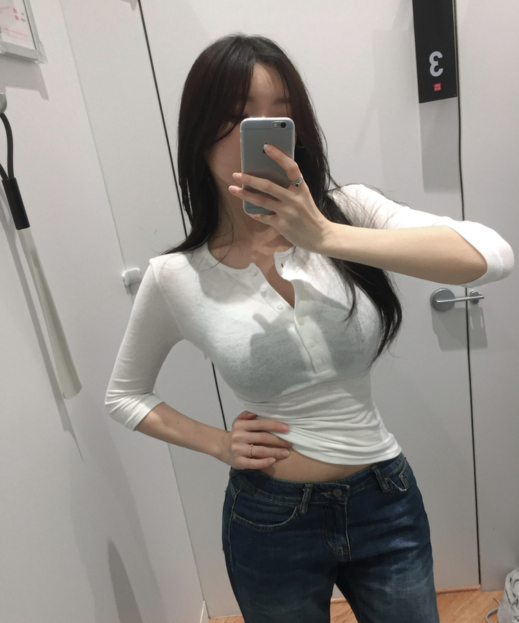 ボタンヘンリーネック七分袖Tシャツ(8color) IVORY