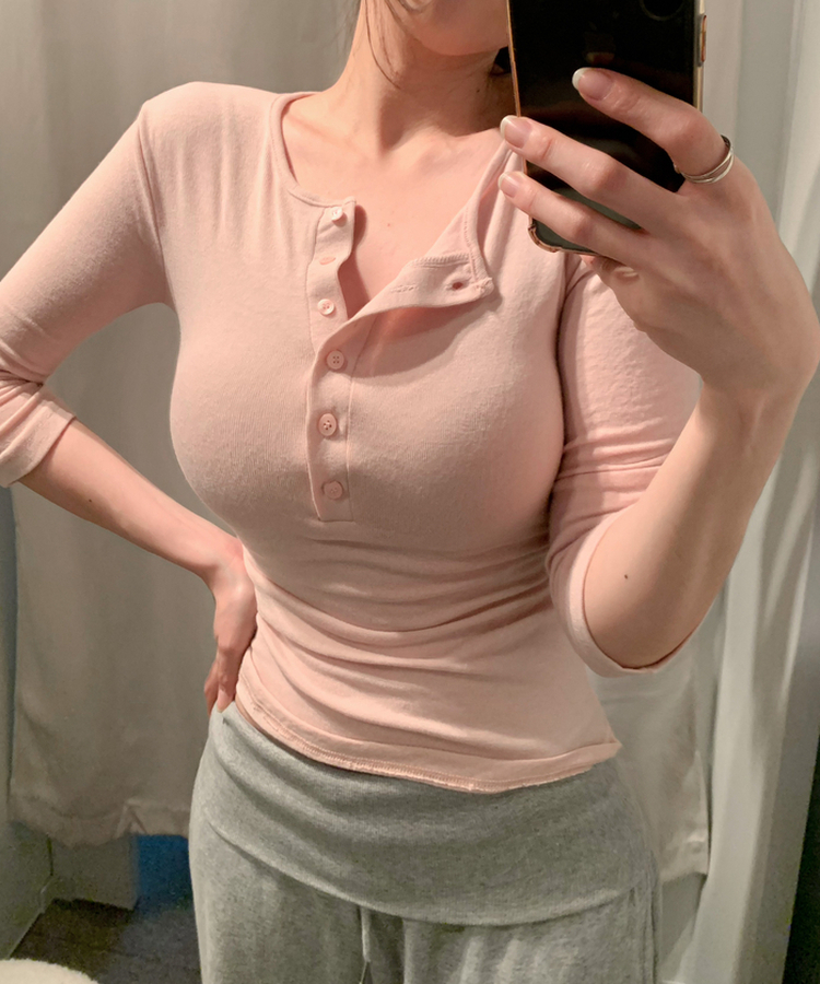 ボタンヘンリーネック七分袖Tシャツ(8color) PINK