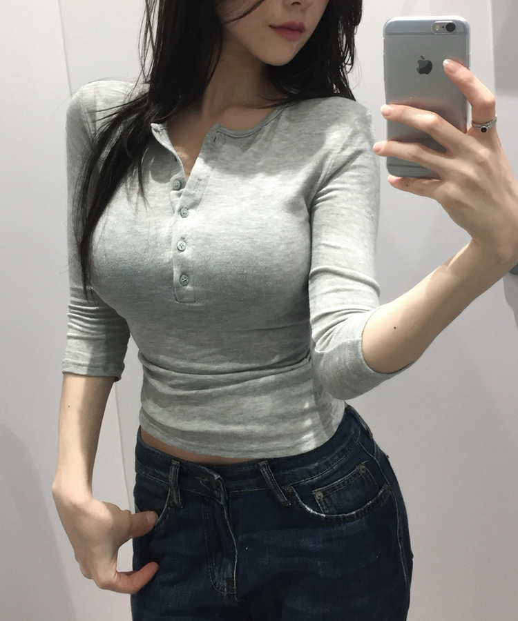 ボタンヘンリーネック七分袖Tシャツ(8color) GREY