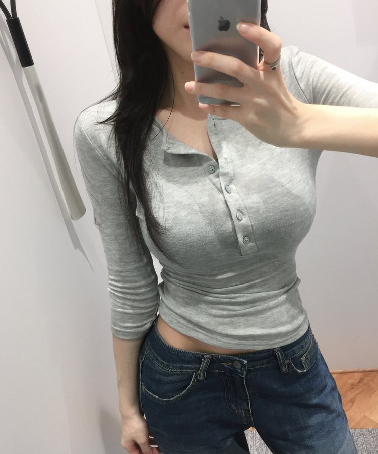 ボタンヘンリーネック七分袖Tシャツ(8color) GREY