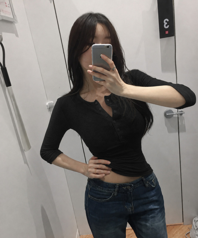 ボタンヘンリーネック七分袖Tシャツ(8color) BLACK