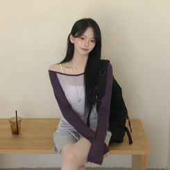 여리핏 배색 나그랑 보트넥 원 오프숄더 시스루 여름 긴팔티셔츠 퍼플