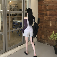 여리핏 배색 나그랑 보트넥 원 오프숄더 시스루 여름 긴팔티셔츠 퍼플