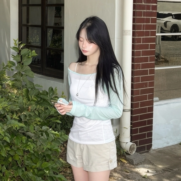 ボートネックオフショルシアー長袖Tシャツ(5color) MINT