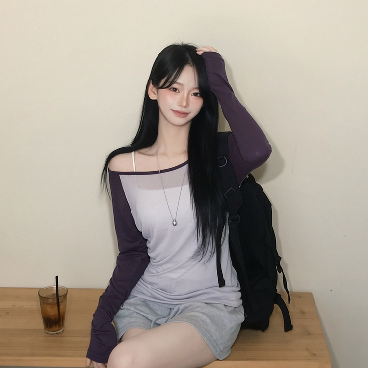 ボートネックオフショルシアー長袖Tシャツ(5color) PURPLE