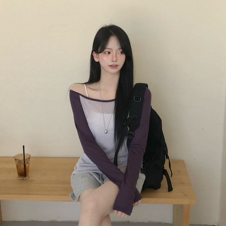 ボートネックオフショルシアー長袖Tシャツ(5color) PURPLE