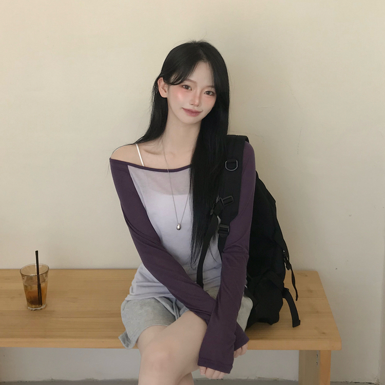 ボートネックオフショルシアー長袖Tシャツ(5color) PURPLE