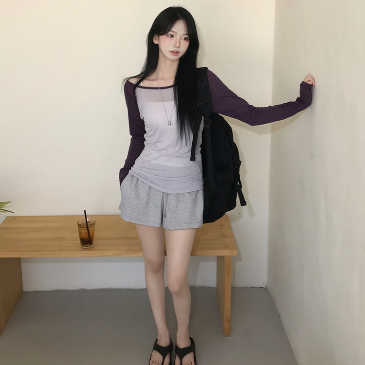 ボートネックオフショルシアー長袖Tシャツ(5color) PURPLE