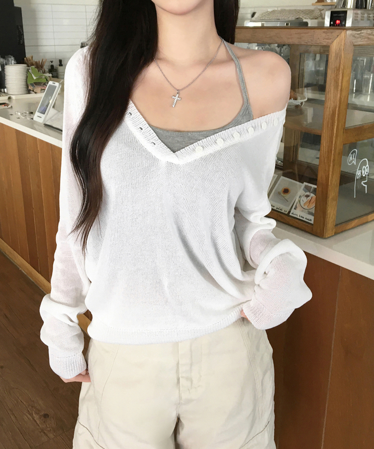 ボタンヘンリーディープVネックルーズニット IVORY