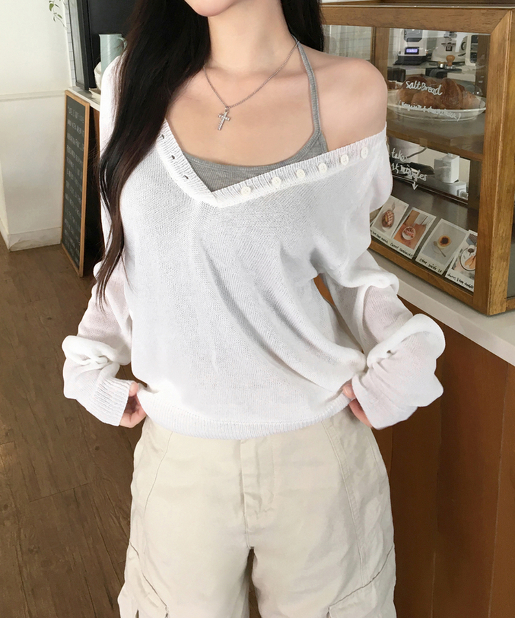 ボタンヘンリーディープVネックルーズニット IVORY