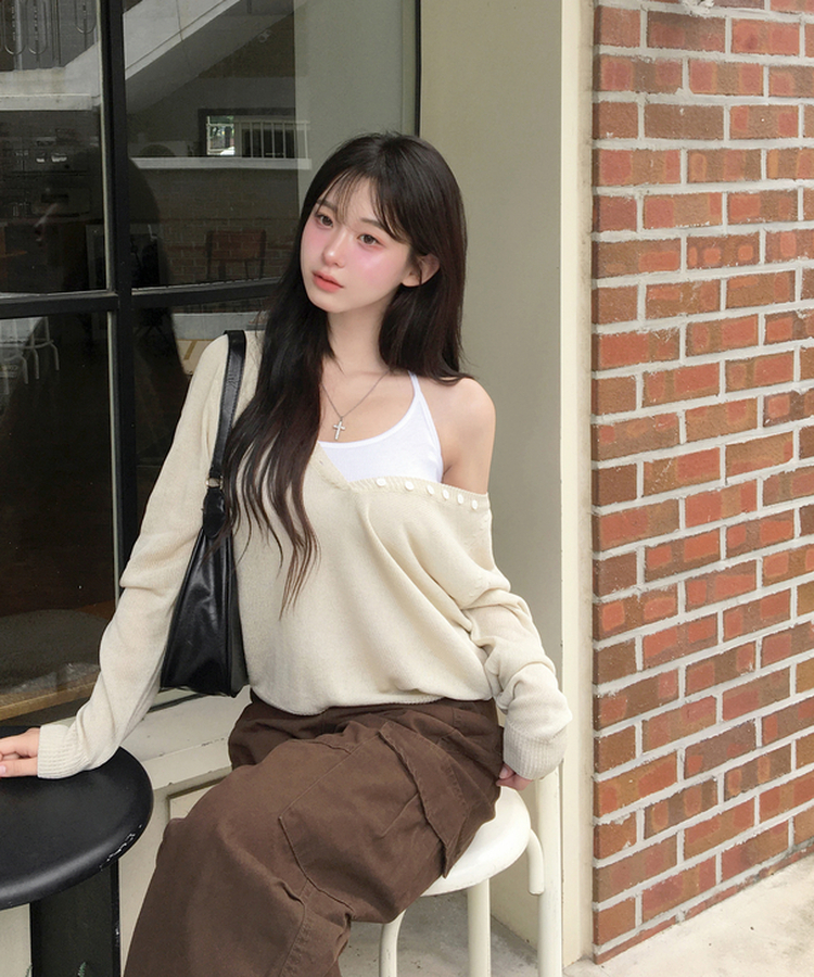 ボタンヘンリーディープVネックルーズニット BEIGE
