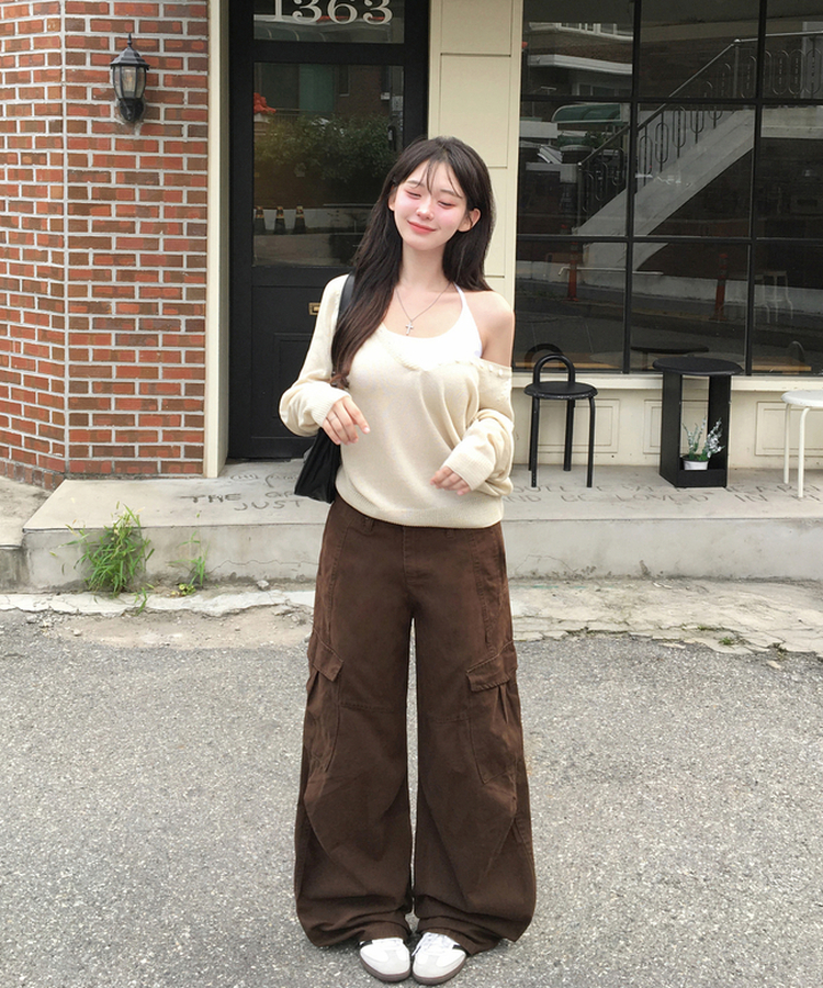 ボタンヘンリーディープVネックルーズニット BEIGE