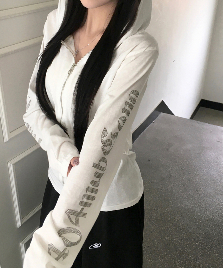 キュービックレタリング長袖ジップアップフードトレーナー WHITE