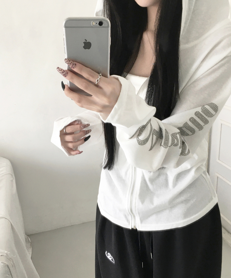キュービックレタリング長袖ジップアップフードトレーナー WHITE